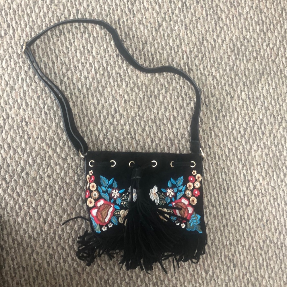 Boho embroidered suede bucket bag